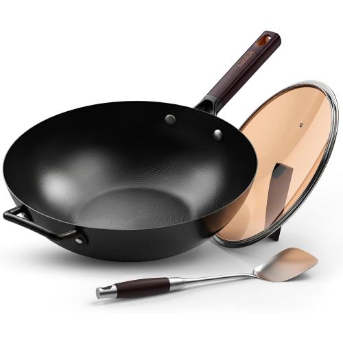 13.5 Pre-Seasoned Flat Bottom Carbon Steel Wok with Lid Spatula
