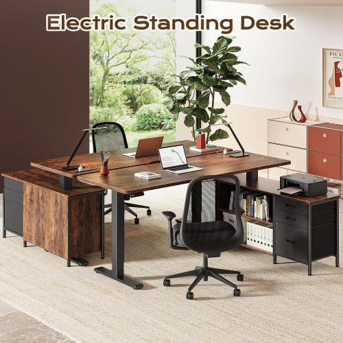 PRAISUN 55.1'' L Standing Desk with Outlets, Cabinet with Shelves, Drawers