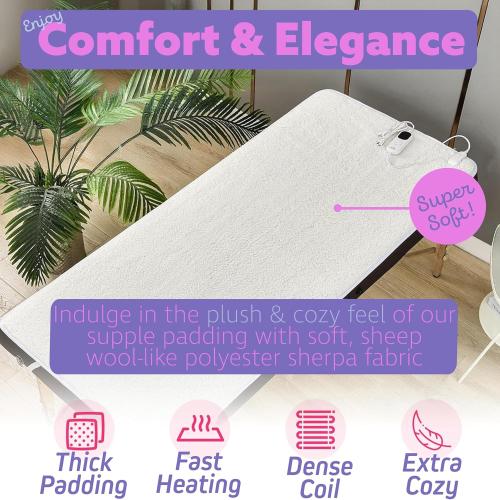 Massage Table Warmer Heating Pad – Heated Massage Table Pad with Adjustable Temperature (104°F-131°F), Auto Shut-Off Timer, Dense Coil Heating, Sherpa Fabric, 71x31 (180x78 cm) Massage Heating Pad