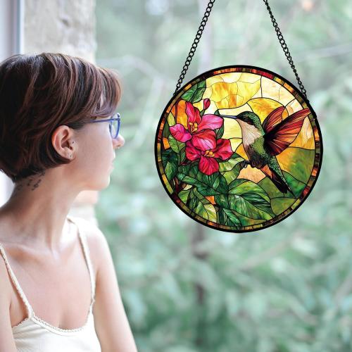 Stained Glass Suncatcher, Hummingbird Red Flowers Green Leaves Sun Catcher Stain Glass Window Hanging Decoration Mother's Day Birthday Gifts for Bird Lover Women Men Mom Nana 6.3 in