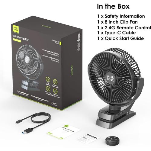 Minthouz 8'' portable Clip on Fan Rechargeable, 12000mAh USB Desk Fan,Black