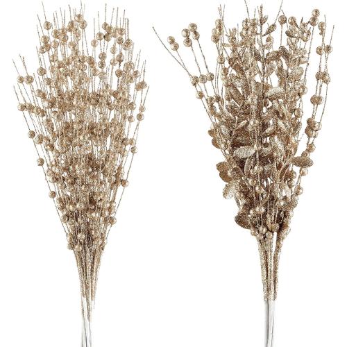 24-Pack Christmas Tree Picks Ornaments, Artificial Glitter Berry Stem Glittery Twigs Ornaments for Christmas Tree Decorations, Small Vase, Holiday, Wedding, Party Decorations (Champagne)