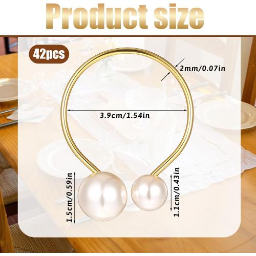 Set of 42 Pearl Napkin Rings, Gold Napkin Ring Holders with Faux Peals