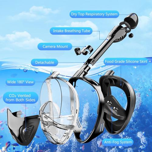 Full Face Snorkel Mask for Adults Teen, Snorkeling Gear with Detachable Camera Mount, Panoramic 180° View, Anti-Fog Anti-Leak Snorkling Set for Man and Women