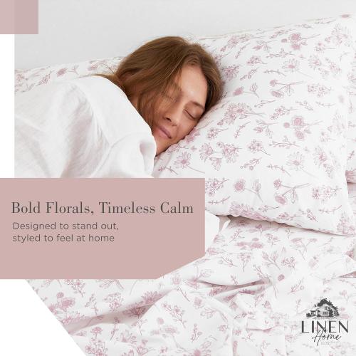Linen Home 100% Cotton Printed Percale Sheet Set , Mauve Botanical