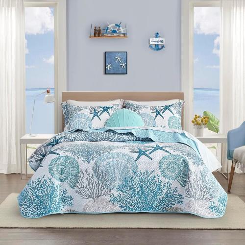 Tritard 3 Piece Coastal Quilt Sets King Size Bedding Set, Blue