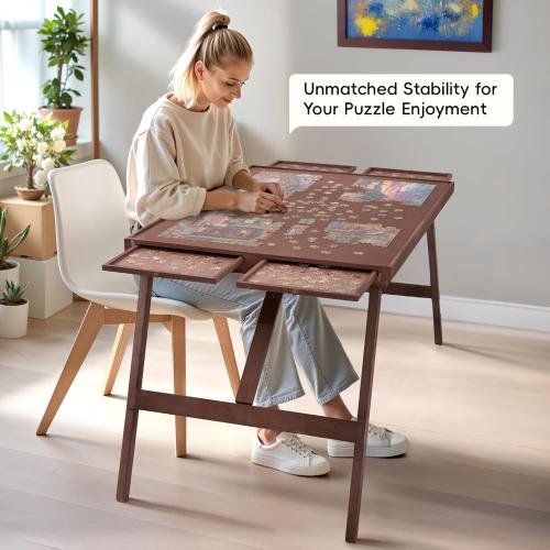 TEAKMAMA 27.6 H Tall Puzzle Board 1500 Piece Puzzle Table with Legs, 4 Drawers, 34.3 W x 26.5 D Large Wood Folding Jigsaw Puzzle Board with Cover for Adults, Chocolate Brown
