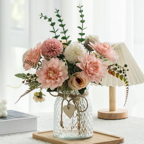 3 Pack Set Fake Flowers With Vase, Faux Silk Pink Dahlia Artificial Flowers for Home Decor, Coffee Table, Living Room, Bathroom Plant Decor