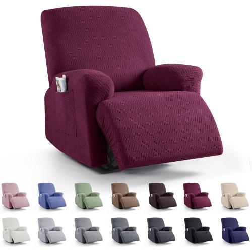 KinCam Recliner Covers, Stretch Reclining Chair Covers, Recliner Sofa Slipcovers Stripe Jacquard Recliner Couch Covers Furniture Protector Covers for Pet Kid (1 Seater, Burgundy)