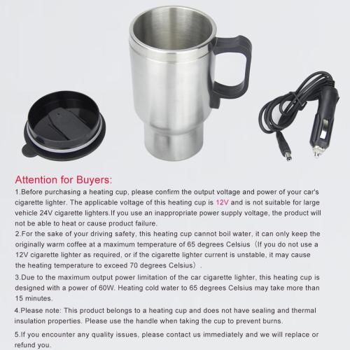 12V Car Heating Cup Car Heated Mug, 450ml Stainless Steel Travel Electric Coffee Cup 14oz. Insulated Heated Preservation Mug
