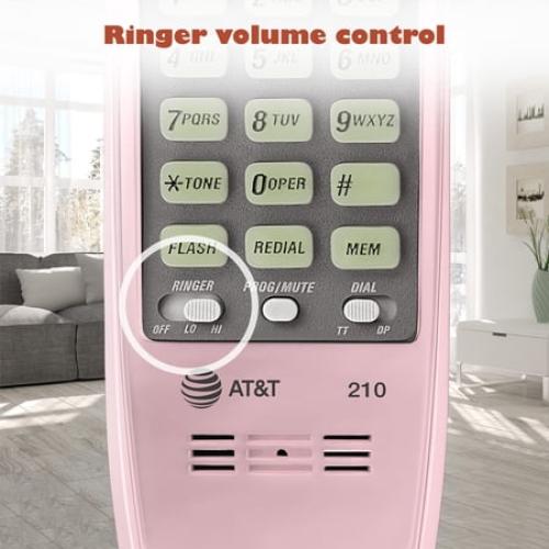 AT&T TRIMLINE 210 Corded Home Phone, No AC Power Required, Improved Easy-wall-mount, Lighted Big Button Keypad, 13 SpeedDial Keys, Last Number Redial, Mute, Flash, Volume Control, Princess Phone,