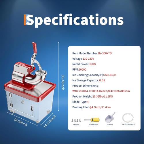 Commercial Ice Crusher 661LBS/H, 300W Electric Snow Cone Machine with 4 Stainless Steel Blades, 1450RPM, 8.98Gal Hopper Shaved Ice Maker with Safety On/Off Switch for Home, Restaurants, Bars, Red