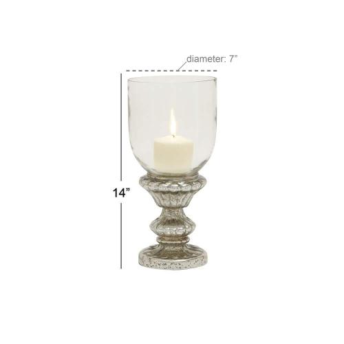 14 in. Silver Glass Handmade Turned Style Pillar Hurricane Lamp