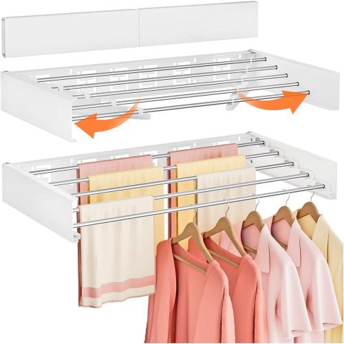 Wall Mounted Clothes Drying Rack Folding Indoor, Foldable Laundry Drying Rack Collapsible,Invisible, Space Saving, Retractable Towel Drying Rack, with Wall Template(5 Drying Rods, White 32)
