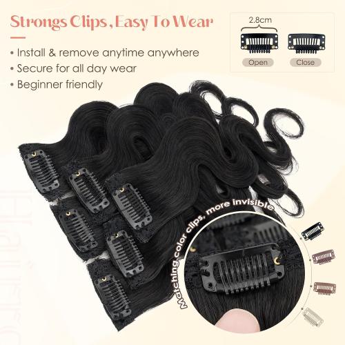 Hairro Body Wave Hair Extensions Clip Ins Real Human Hair 6PCS Remy Mini Short Clip On Hairpin Hairpieces For Women 31g 10 Inch #1B Natural Black