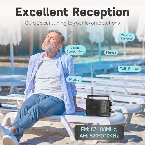 PRUNUS J03 AM FM Radio Portable Plug in Wall or AA Battery Operated for Home/Outdoor, Large Speaker Excellent Sound and Reception, Large Tuning Knobs, Gifts for Seniors, No,Internet Radio/Shower Radio
