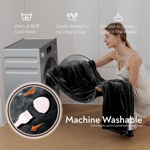 Wapaneus Foot Pocket Heated Blanket Electric Throw with 10 Heating Levels and 4 Timer Settings 4 Hours Auto Shut Off, Flannel Fast-Heating Heated Throw 50 x 60, Machine Washable, Black