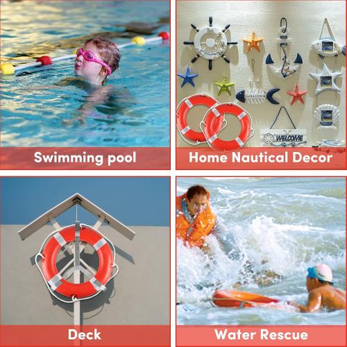 Life Ring for Boating Safety - 23 and 28 Boat Safety Throw Rings with Reflective Strip and Grab Lines (2 Color)