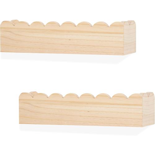 Wood Floating Shelves for Wall ,Nursery Bookshelf,Kids Book Shelf ,Baby Toys Storage Decor Organizer Wall Mounted for Living Room Bedroom,Wavy Edge,Preassembled,2 Pack,Scalloped Pine(Natural Wood)