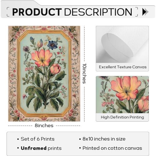 Indian Wall Art Vintage Floral Canvas Poster India Wall Decor Folk Flower Prints Scandinavian Pictures Antique Botanical Painting Gallery Artwork for Bedroom Living Room 8x10 Inch Unframed Set of 6