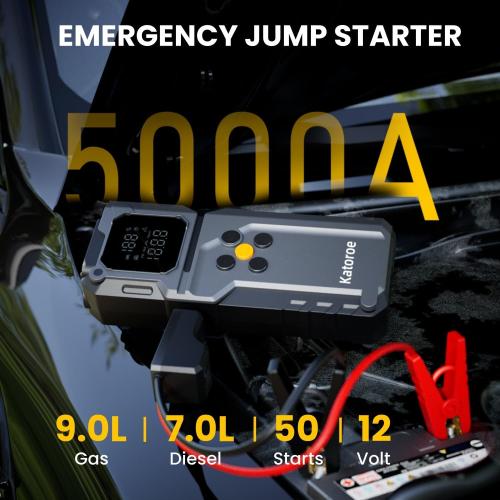 Jump Starter with Air Compressor, 5000A Car Battery Jump Starter (9.0L Gas/7.0L Diesel), 150PSI Tire Inflator 12V Car Battery Jumper Starter Portable with Jumper Cables, LED Light