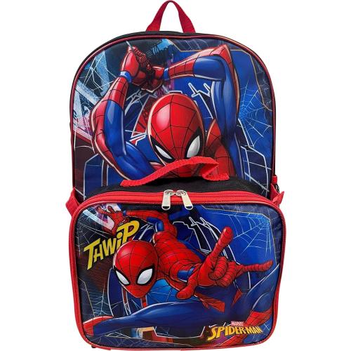 Ruz Spiderman Boy's 16 Inch Backpack With Removable Matching Lunch Box Set (Black-Red)
