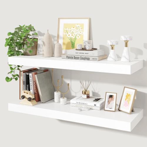 32x 9.3x1.5 inch set of 2 white  Floating Shelves for Wall, 2 Pack Shelves for Bedroom, Bathroom, Kitchen, Hanging Wall Mounted Rustic Wood Shelf with Invisible Brackets for Books Decor, White