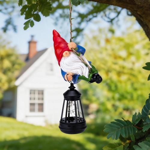 Solar Hanging Gnome Garden Statues Funny Climbing Gnome with LED Lantern