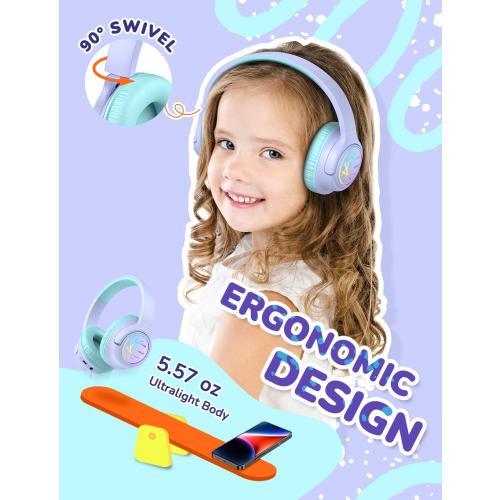 iClever 2 Pack Kids Bluetooth Headphones with LED Lights, BTH18 Safe Volume 74/85dBA, 43H Playtime, Bluetooth5.3 Kids Headphones Wireless Aux Cord for iPad/Tablet/Travel/School, Purple & Black