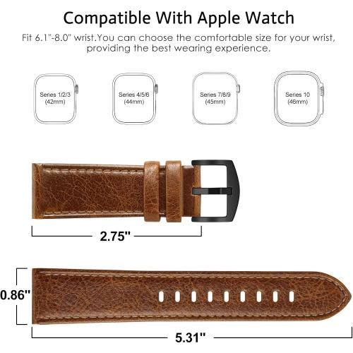 EDIMENS Leather Bands Compatible with Apple Watch 46mm 45mm 44mm 42mm(Series 1 2 3) Band Men Women, Vintage Genuine Leather Wristband Replacement Band Compatible for Apple Watch iwatch Series 10 9 8 7 6 5 4 SE