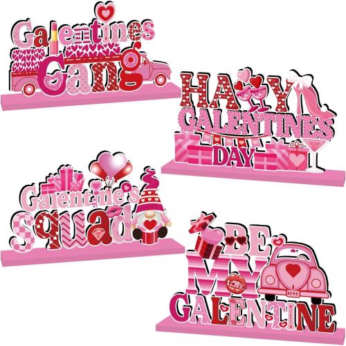 4Pcs Galentines Day Decorations Table Wooden Centerpiece Happy Galentines Day Table Decorations Pink Romantic Party Tiered Tray for Ladies Celebrating Party Table Decor