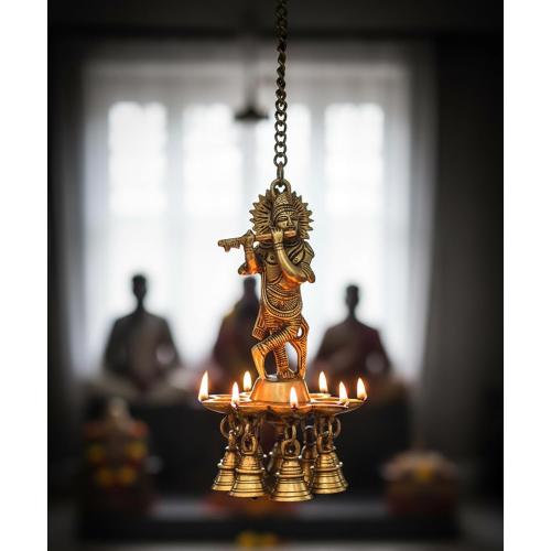 eSplanade - Krishna Wall Hanging Diya with Bells & Chain | Oil Lamp | Home Decor | Diya, Deepak, Deepam - Brass