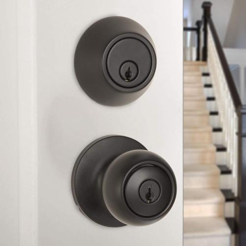 Amazon Basics Exterior Door Knob with Key Lock and Deadbolt, Keyed Alike, Coastal, Matte Black