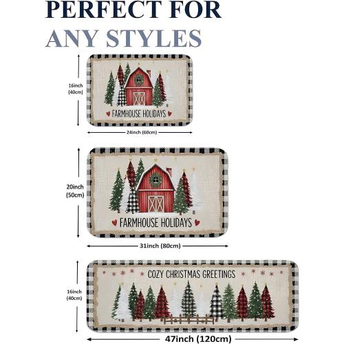 Farmhouse Christmas Kitchen Mats for Floor, Rustic Barn Trees Soft Mats, Holiday Cushioned Non Slip Washable Decor Rugs for Kitchen Sinks Bathroom 16x47 Inch