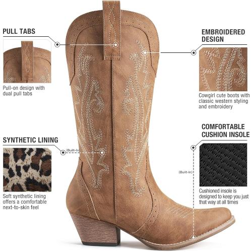 Size 9 HISEA Rollda Cowboy Boots for Women Western Cowgirl Boots Mid Calf