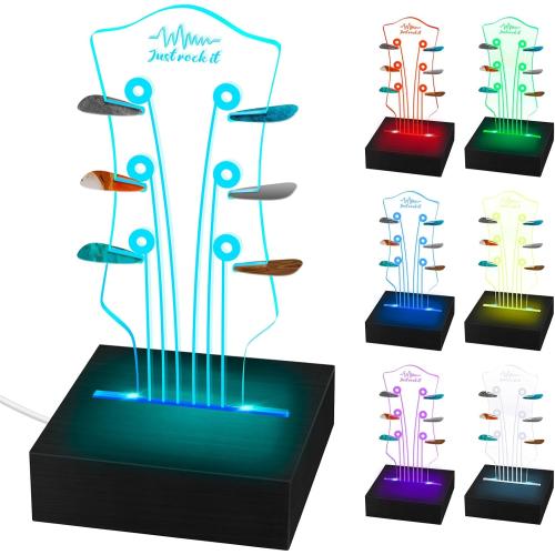 Guitar Pick Holder with with Remote Control & 7 Color LED Lights - Classic Headstock Shaped Display Case for 6 Picks, USB-Powered Music Decor & Nightlight Gift for Guitar Players
