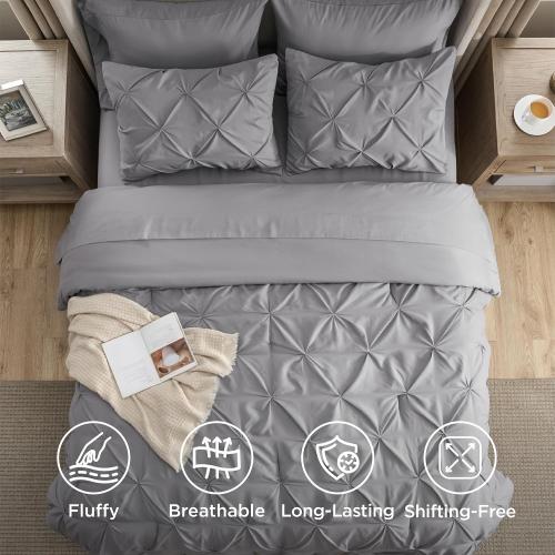 Bedsure Full Comforter Set Grey - Bed in a Bag Full Size Bedding Set 7 Pieces, GentleSoft™ Pintuck Bed Set Gift for Family, Pinch Pleat Grey Comforter with Sheets, Pillowcases & Shams