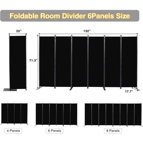 Room Divider, 6 Panel Folding Privacy Screens with Wider Feet, Black