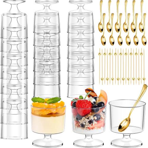 DI QIU REN Dessert Cups with Golden Spoon, Plastic Dessert Parfait Cup Clear Appetizer Pudding Cup, Round Serving Goblet Cups Shot Glasse