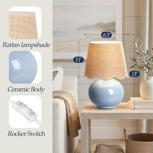 PARTPHONER Coastal Lamp, Small Ceramic Table Lamp, Light Blue Globe Base with Rattan Woven Shade, Rocker Switch Boho Bedside Lamp for Bedroom, Living Room, Kids Room, Bulb Included