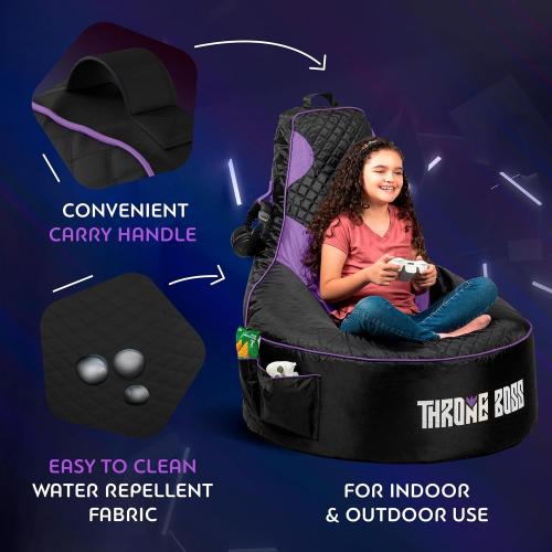Throne Boss Gaming Bean Bag Chair Cover for Kids with High Back, Purple – Floor Gaming Chair Cover, Easy to Clean Fabric, Large Side Pockets, Headphone Hanger, Requires 200 Liters Polystyrene Beans