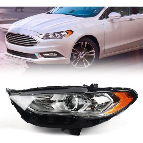 FIONE for Ford Fusion Headlight Assembly 2017 2018 2019 2020 Halogen Projector Headlamp Replacement Chrome Housing Front Lamp Left Driver Side LH HS7Z13008H
