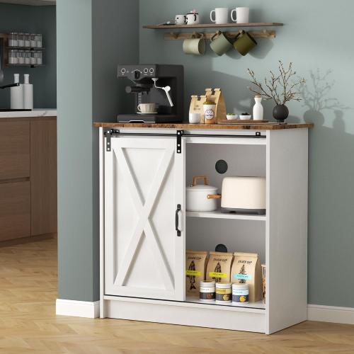 Farmhouse Coffee Bar Cabinet, Coffee Bar Table with Sliding Barn Door, Kitchern Coffee Bar with Adjustable Shelves for Dining Room, Living Room ‼️mild scratches and tear in the wood‼️