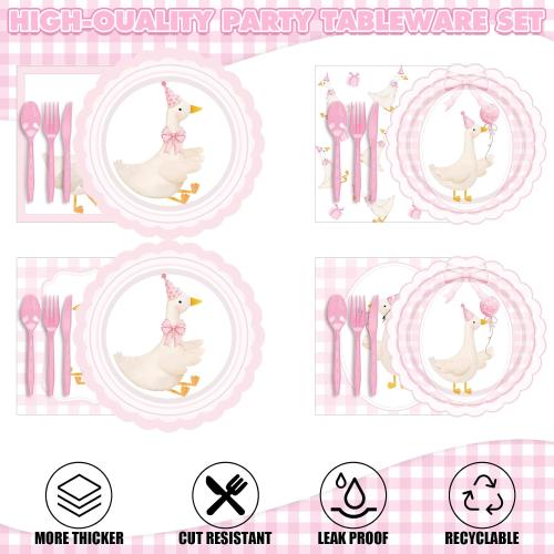 Zhehao 350 Pcs One Silly Goose Birthday Party Tableware Set Scalloped Pink Bow Baby Shower Plates Cup Napkins Forks for Birthday Party Decorations Supplies for 50 Guests
