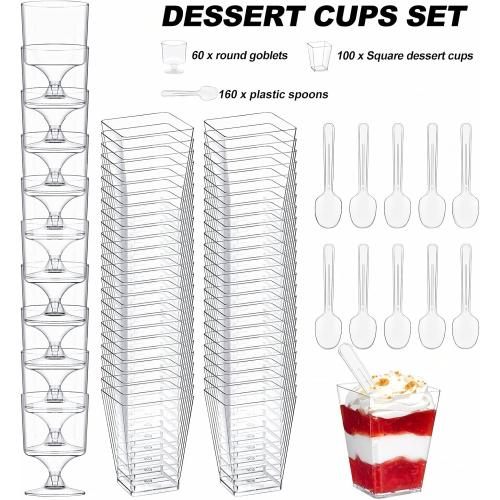320-Pack Dessert Cups with Spoons 5 oz Mini Plastic Dessert Cups for Party Yogurt Parfait Jello Fruit Appetizer Cocktail Small Clear Reusable Square and Round Goblet-Shaped Dessert Bowls Shot Glasses