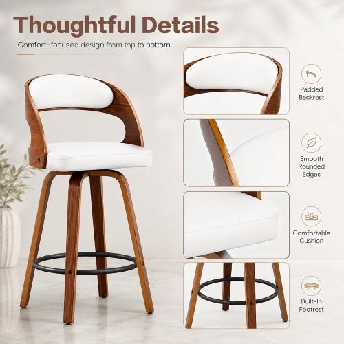 26 Swivel Upholstered Counter Height Bar Stools Set of 2 with Back, Cream