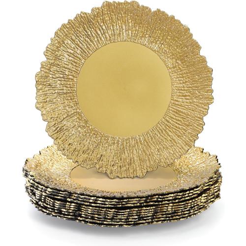 Coloch Set of 52 Plastic Charger Plates, 13 Reusable Reef Serving Chargers for Dinner Plate Round Shiny Decorative Charger Plate for Wedding, Catering, Parties, Christmas, Home Dinner Use (Gold)