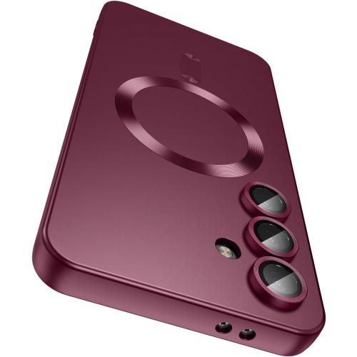 Magnetic for Samsung Galaxy S25 Plus Case [Compatible with MagSafe][Built-in Camera Lens Protector] Slim Soft Silicone Bumper Shockproof Metallic Luster Phone Shell (Burgundy)