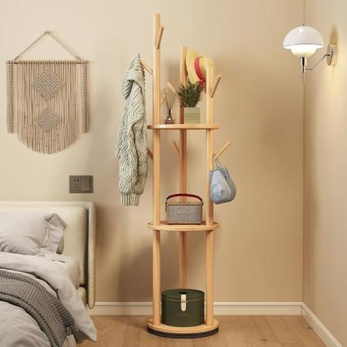 YYW Multifunctional Wood Coat Rack Stand With 9 Hooks And 3 Shelves