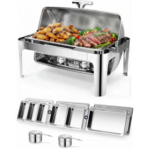 13QT Roll Top Chafing Dishes for Buffet: Stainless steel Chafing Dish Set | Chafers and Buffet Warmers Sets for Parties, Birthday, Wedding, Gathering-1 Full & 2 Half & 3 1/3 Size Food Pan & 1 Water Pan